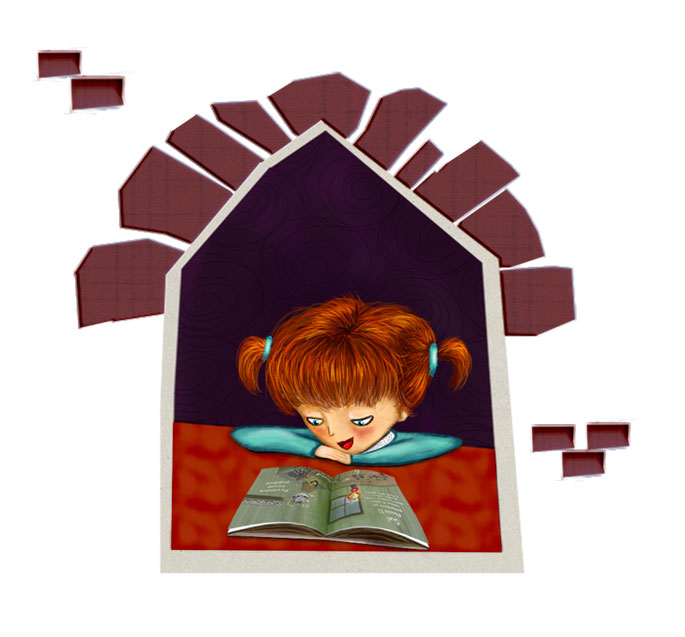 Illustrazione di una bimba che legge un libro